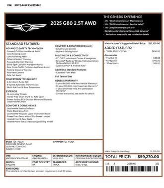 Vik Black 2025 Genesis G80 2.5T AWD