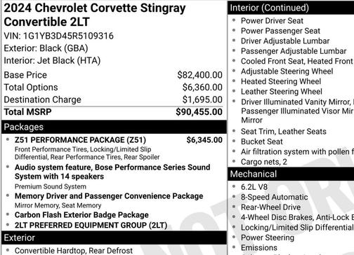 2024 Chevrolet Corvette Stingray w/2LT