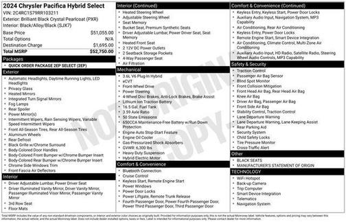 Brilliant Black Crystal Pearlcoat 2024 Chrysler Pacifica Hybrid Select