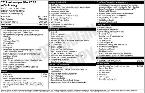 Pure White 2022 Volkswagen Atlas 3.6L SE w/Technology