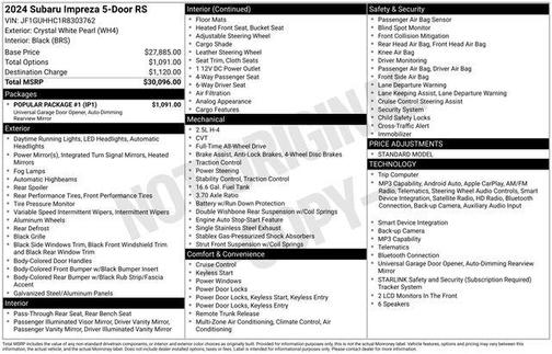 Crystal White Pearl 2024 Subaru Impreza RS
