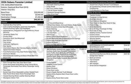 Daybreak Blue Pearl 2026 Subaru Forester Limited