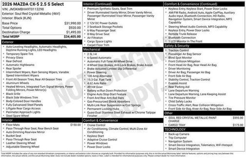 Soul Red Crystal Metallic 2026 Mazda CX-5 2.5 S Select Package