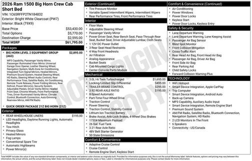 Bright White Clearcoat 2026 RAM 1500 Big Horn/Lone Star