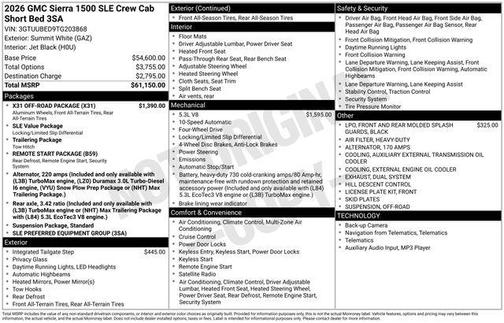 Summit White 2026 GMC Sierra 1500 SLE