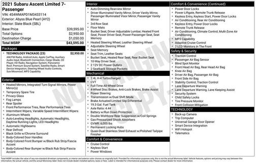 Abyss Blue Pearl 2021 Subaru Ascent Limited 7-Passenger