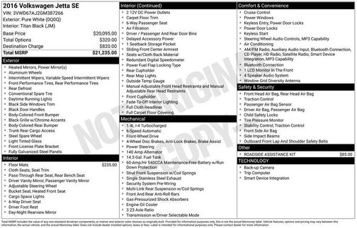 Pure White 2016 Volkswagen Jetta 1.4T SE