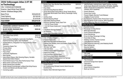 Opal White Pearl 2026 Volkswagen Atlas 2.0T SE w/Technology