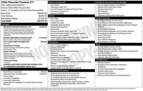 Polar White Tricoat 2026 Chevrolet Traverse AWD Z71
