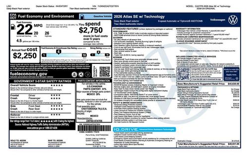 Deep Black Pearl 2026 Volkswagen Atlas 2.0T SE W/TECHNOLOGY