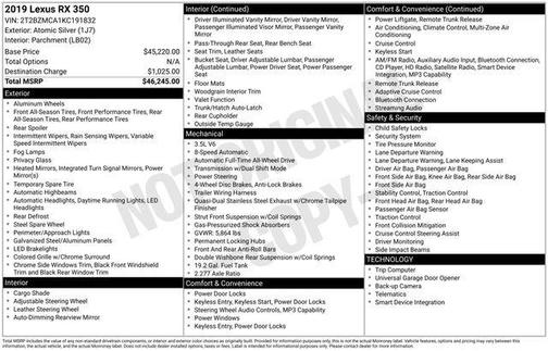 Atomic Silver 2019 Lexus RX 350 Base