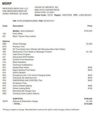 Polar White 2023 Mercedes-Benz EQS 450 4MATIC