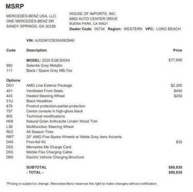 Selenite Grey Metallic 2025 Mercedes-Benz EQE 350 4MATIC