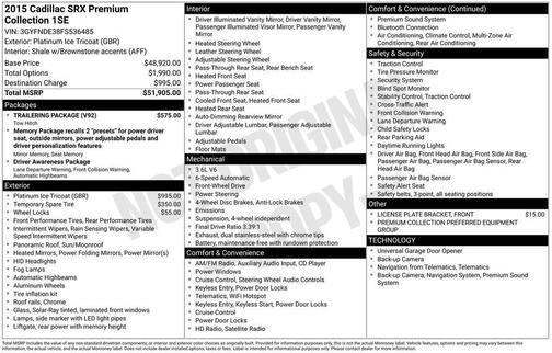 Platinum Ice Tricoat 2015 Cadillac SRX Premium Collection