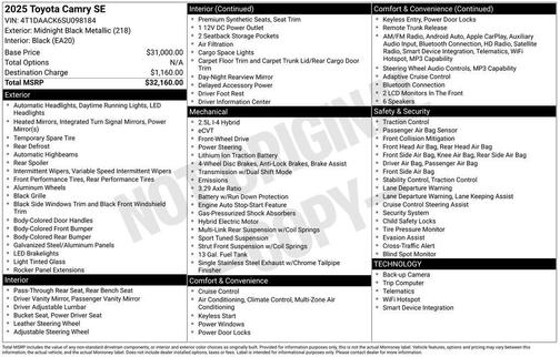 Midnight Black Metallic 2025 Toyota Camry SE