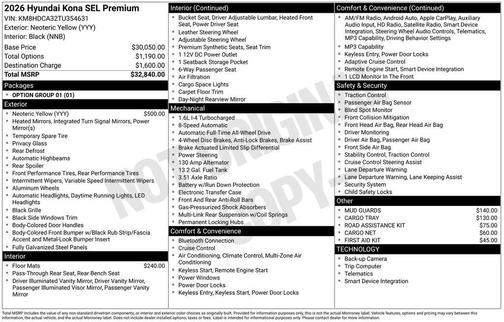 Yellow 2026 Hyundai KONA SEL Premium