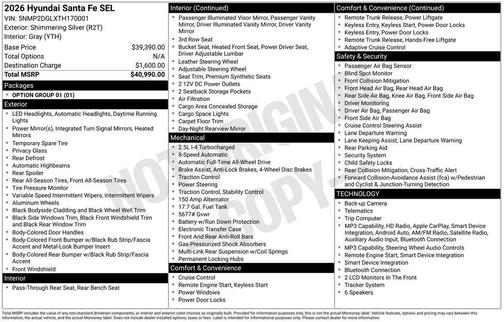 Shimmering Silver Pearl 2026 Hyundai SANTA FE SEL