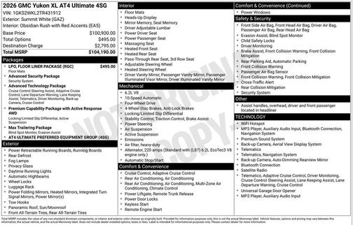 Summit White 2026 GMC Yukon XL AT4 Ultimate, 4WD