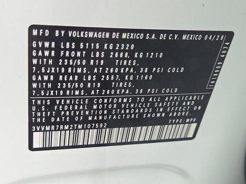 White 2026 Volkswagen Tiguan 2.0T SE