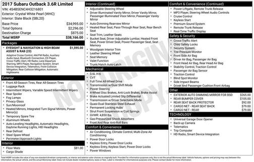 Crystal White Pearl 2017 Subaru Outback 3.6R Limited