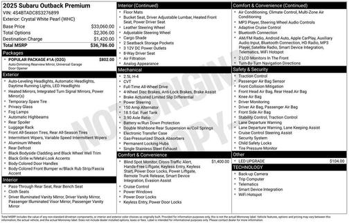 White 2025 Subaru Outback Premium