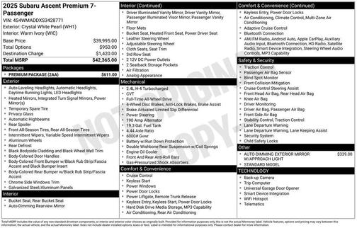 White 2025 Subaru Ascent Premium