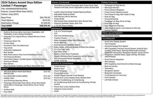 Crystal White Pearl 2024 Subaru Ascent Onyx Edition Limited