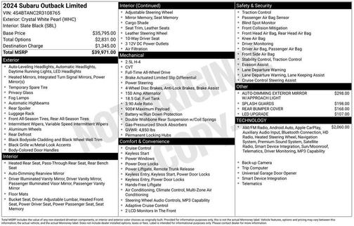 Crystal White Pearl 2024 Subaru Outback Limited