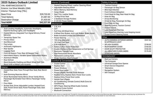 Silver 2025 Subaru Outback Limited