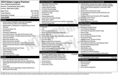 Crystal Black Silica 2024 Subaru Legacy Premium