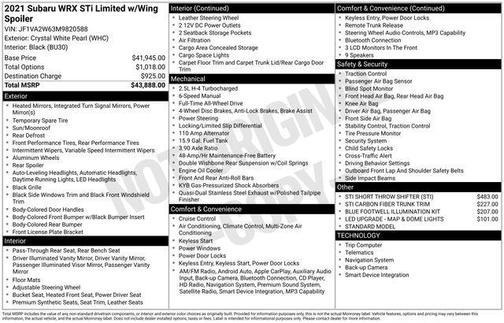 2021 Subaru WRX STI Limited w/Wing