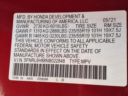 Radiant Red Metallic II 2022 Honda Odyssey Touring