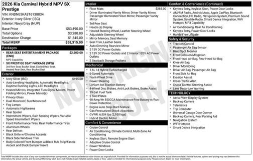 Ivory Silver 2026 Kia Carnival Hybrid SX Prestige