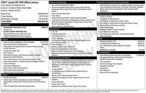 Eminent White Pearl 2021 Lexus ES 350 Ultra Luxury