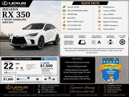 Ultra White 2022 Lexus RX 350 F SPORT Handling