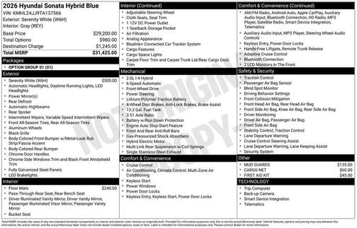 Serenity White 2026 Hyundai SONATA Hybrid Base