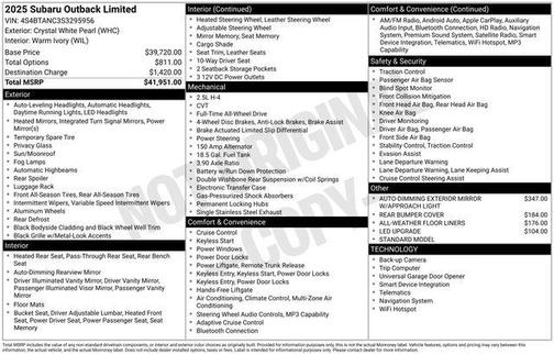 Crystal White Pearl 2025 Subaru Outback Limited