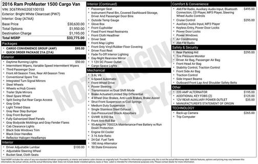 Bright White Clearcoat 2016 RAM ProMaster 1500 Low Roof