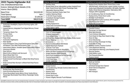 Midnight Black Metallic 2023 Toyota Highlander XLE