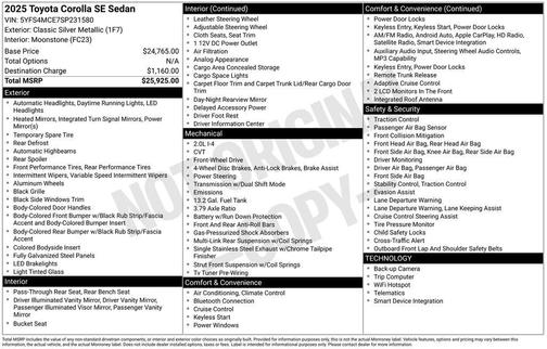 Classic Silver Metallic 2025 Toyota Corolla SE