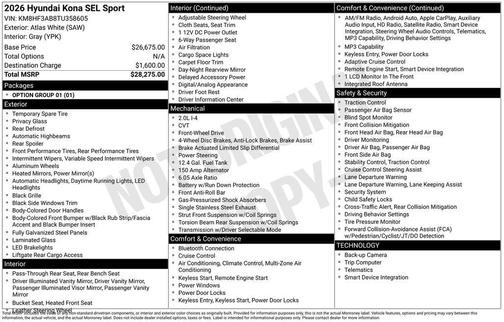 Atlas White 2026 Hyundai KONA SEL Sport