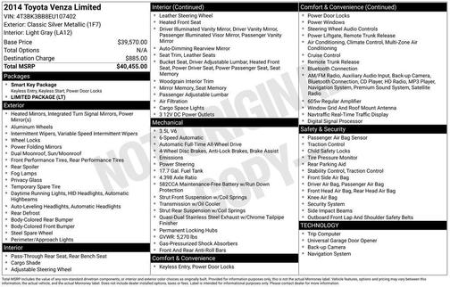 Classic Silver Metallic 2014 Toyota Venza Limited