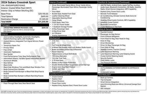 Crystal White Pearl 2024 Subaru Crosstrek Sport