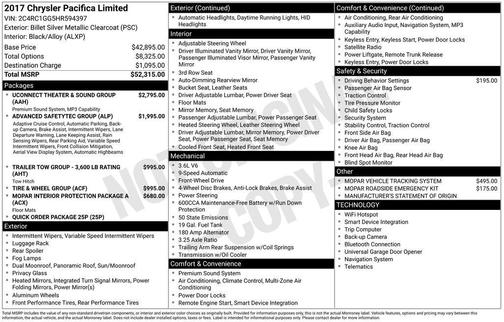 Billet Silver Metallic Clearcoat 2017 Chrysler Pacifica Limited