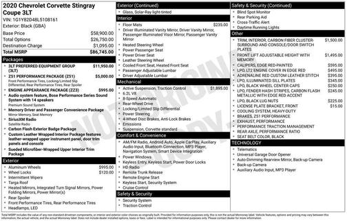 2020 Chevrolet Corvette Stingray w/3LT