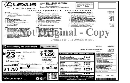 Atomic Silver 2020 Lexus RX 350 Base