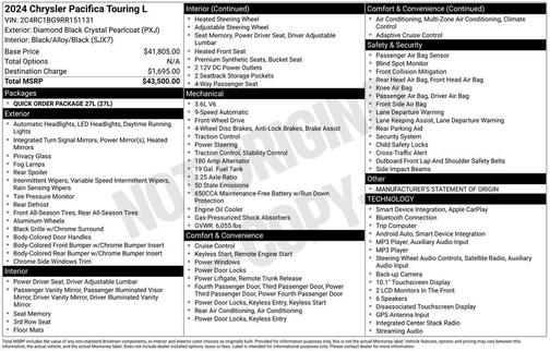 Diamond Black 2024 Chrysler Pacifica Touring-L