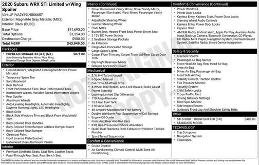 2020 Subaru WRX STI Limited w/Wing