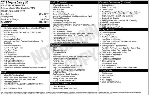 Midnight Black Metallic 2019 Toyota Camry LE