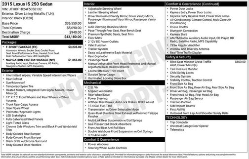 Silver 2015 Lexus IS 250 Base